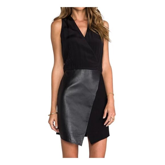 Tibi Asymmetric leather Wrap Dress size 0 black lamb leather and silk sleeveless - Picture 1 of 11